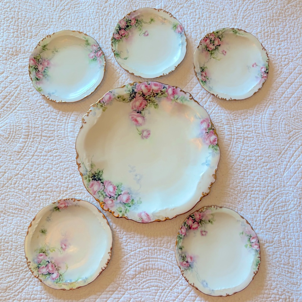 Limoges, France Floral Porcelain Cake Plate & 5 Plates❣️